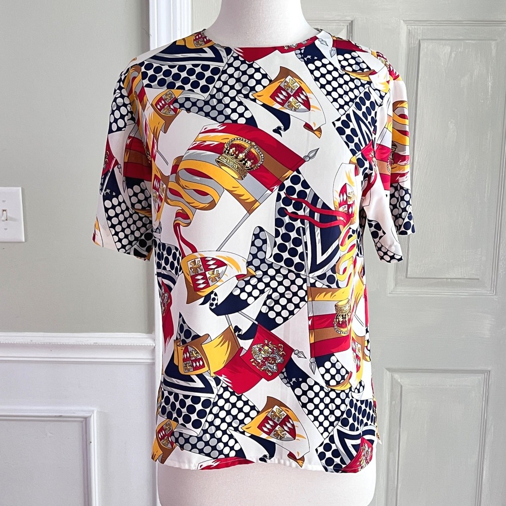 La Chine Petites Blouse 2P Womens Heraldic Flag Polka Dot White Red Vintage 80s